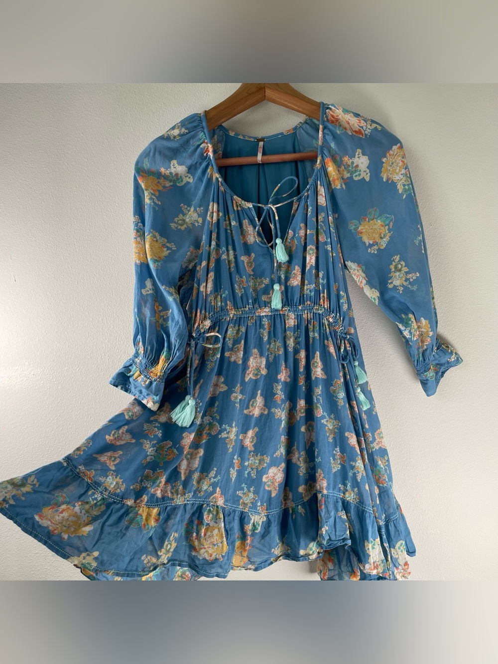 Free People Floral Mini Dress Rive Cottagecore Boho Women's Size XS Blue
